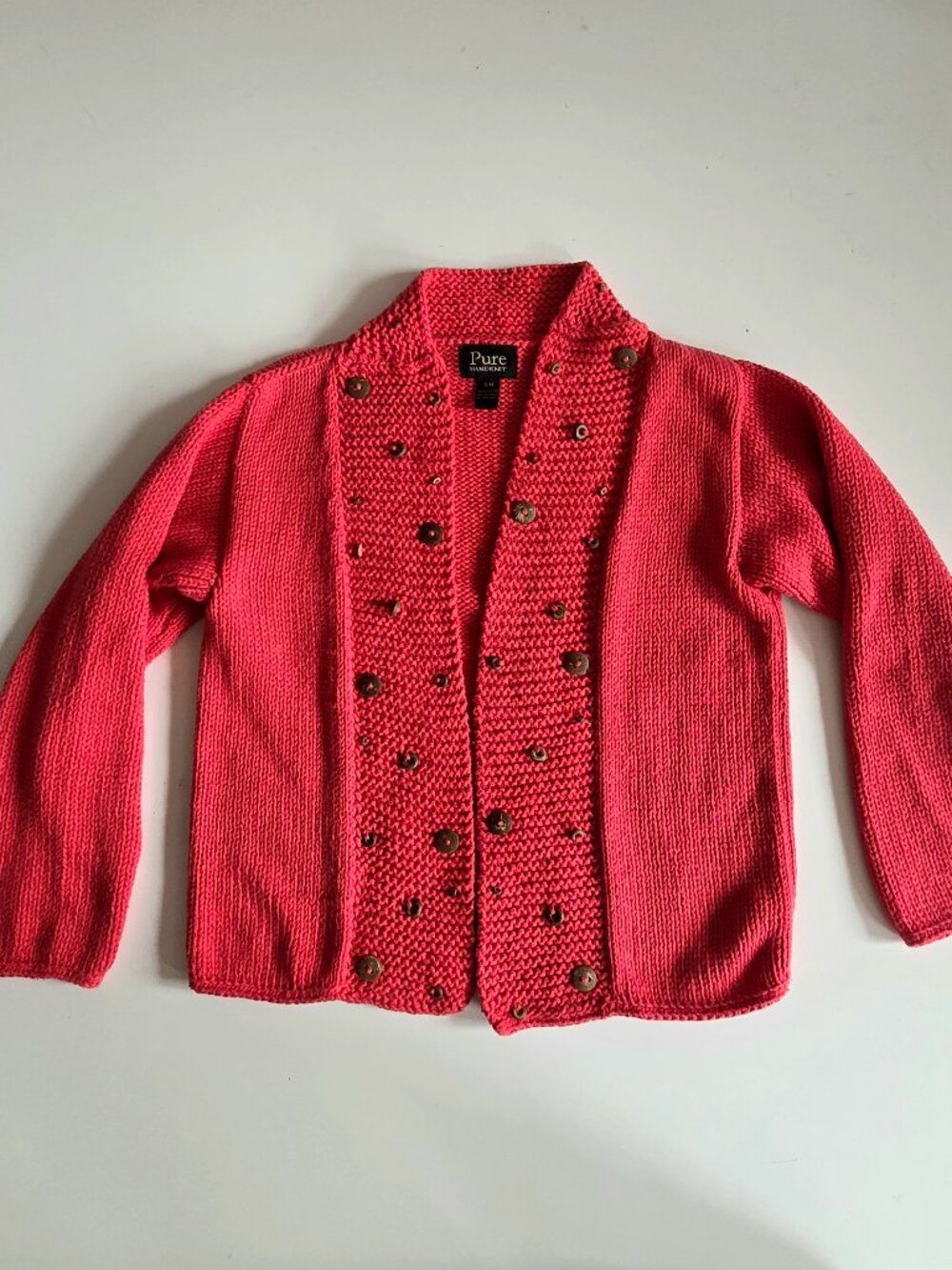 Pure Handknit 100% Cotton Red Open Cardigan with Buttons Details